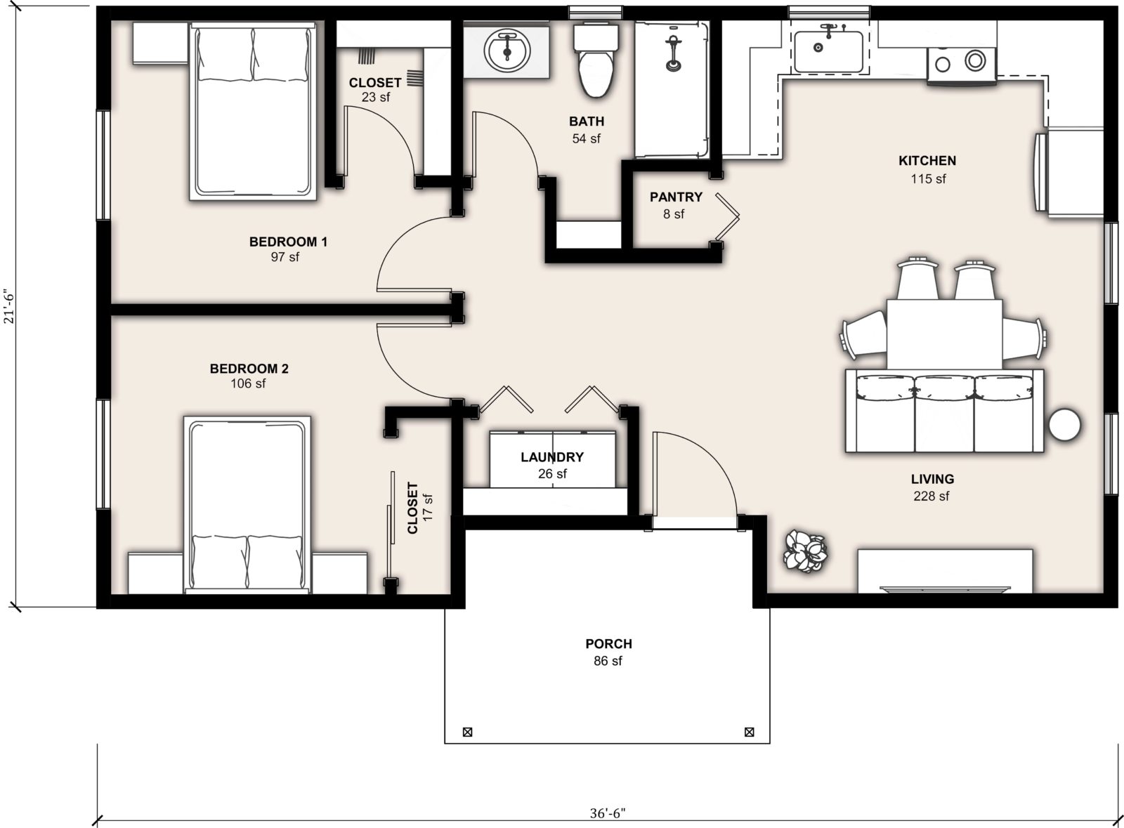 L-749B: 2 Bedroom 749 SF ADUFloor Plan