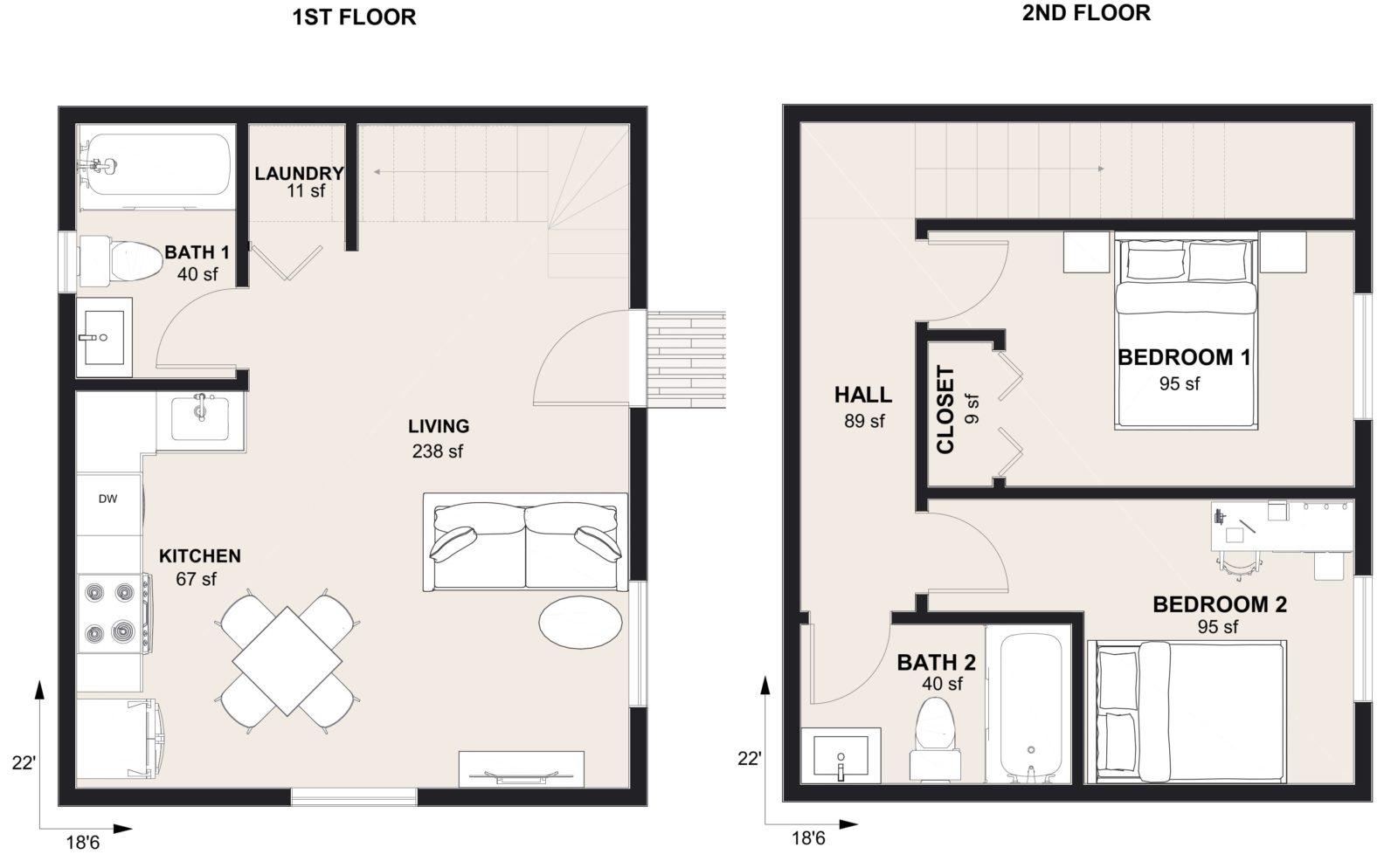 L-800-2: 2 Bedroom 800 SF ADUFloor Plan