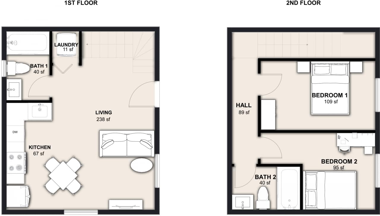 L-800-2: 2 Bedroom 800 SF ADUFloor Plan