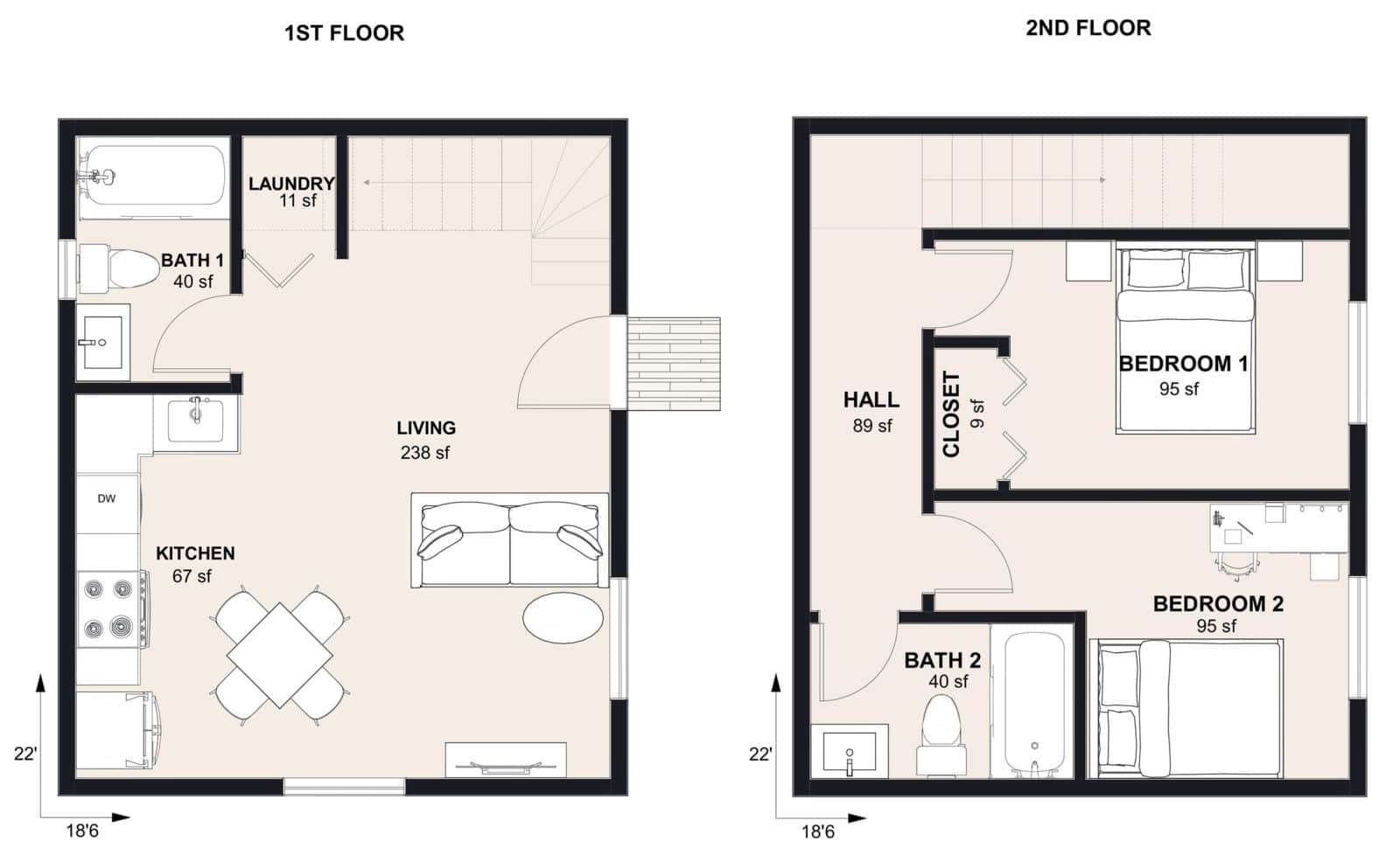 L-800-2: 2 Bedroom 800 SF ADUFloor Plan