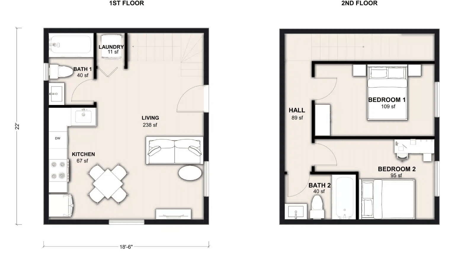 L-800-2: 2 Bedroom 800 SF ADUFloor Plan