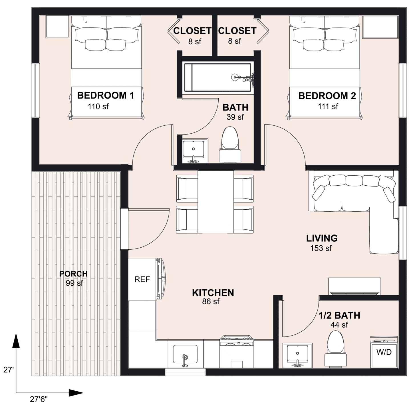 L-650B: 2 Bedroom 646 SF ADUFloor Plan