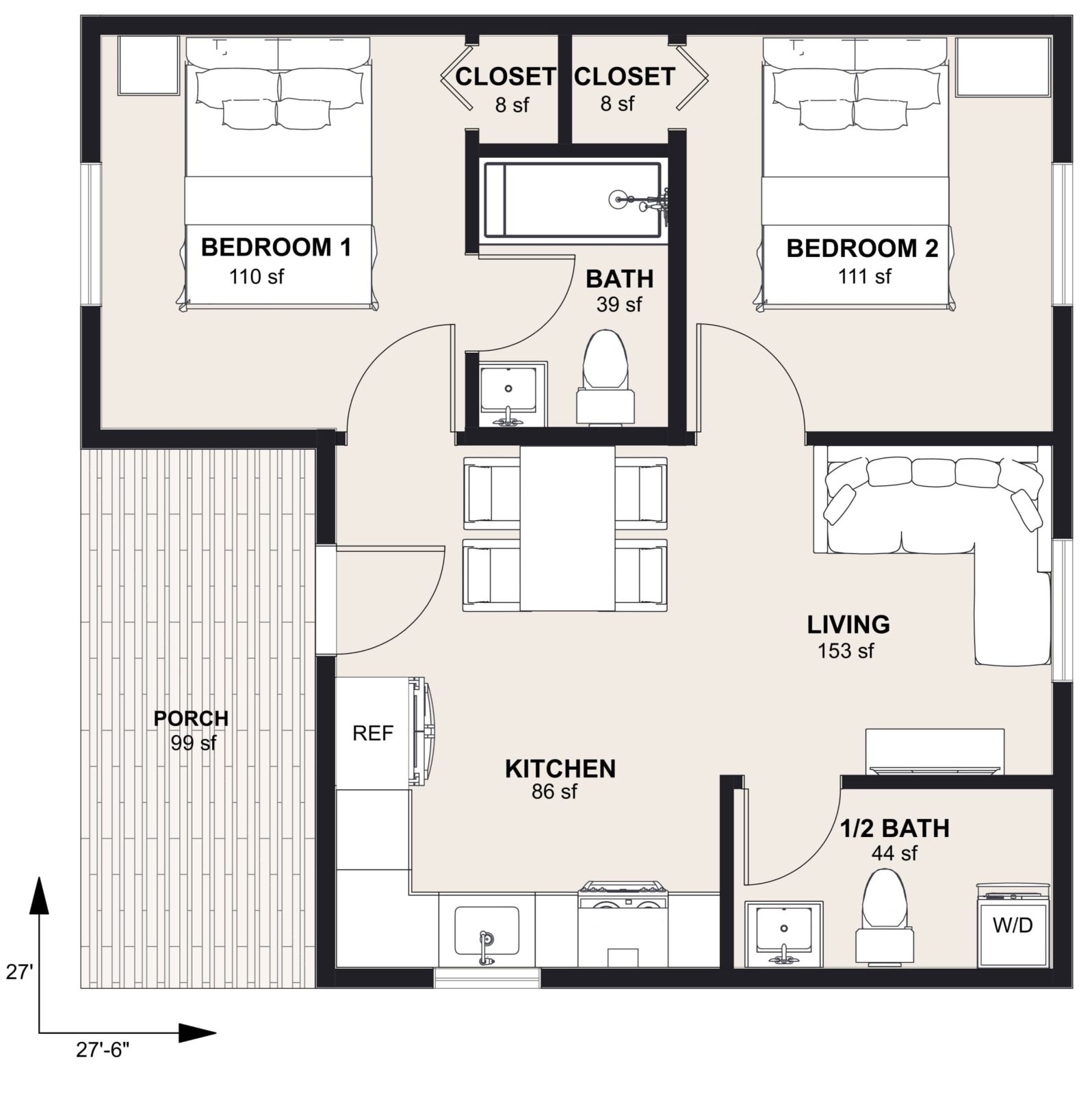 L-650B: 2 Bedroom 646 SF ADUFloor Plan