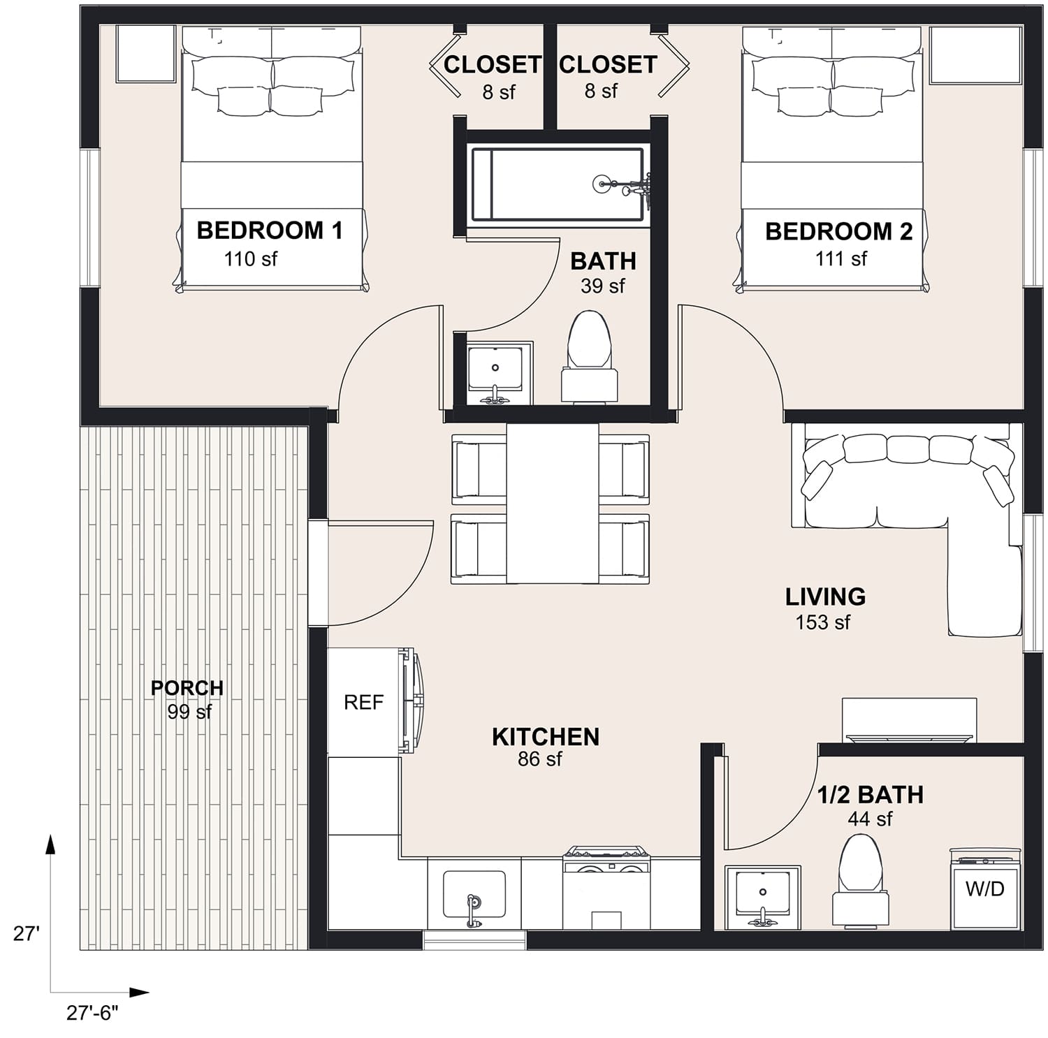 L-650B: 2 Bedroom 646 SF ADUFloor Plan