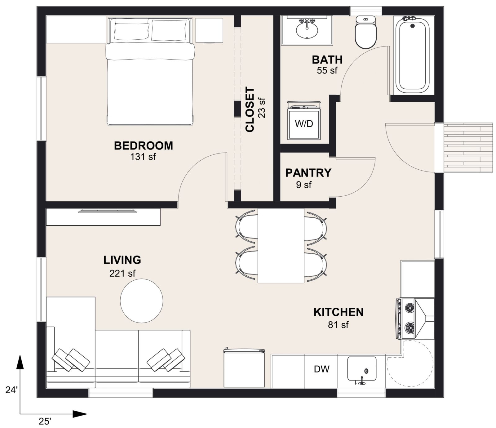 M-600: 1 Bedroom 600 SF ADUFloor Plan