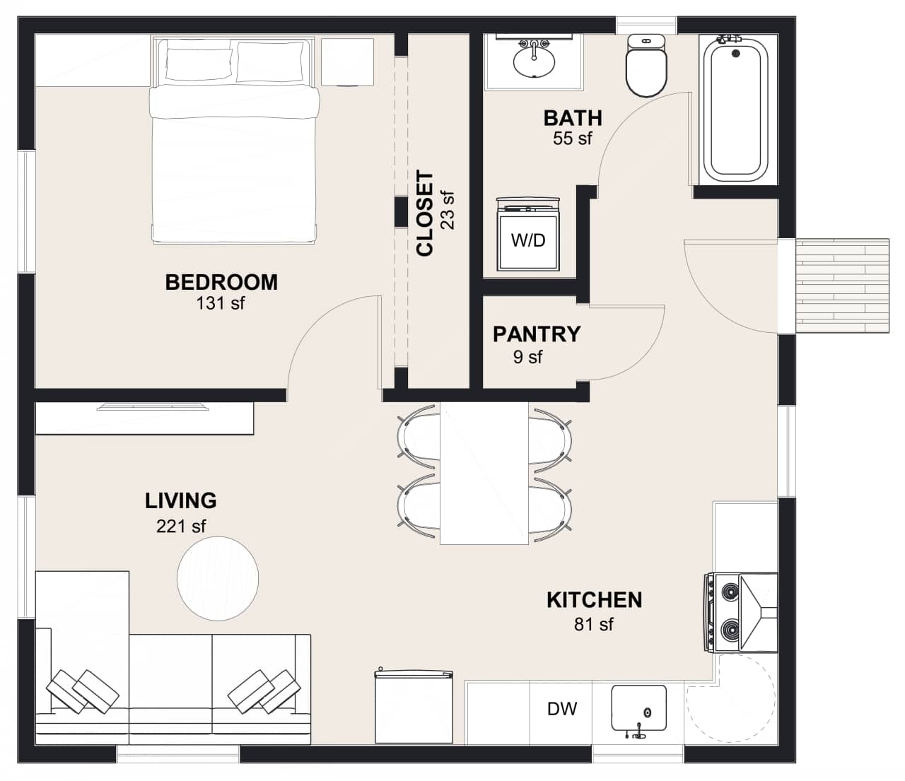 M-600: 1 Bedroom 600 SF ADUFloor Plan