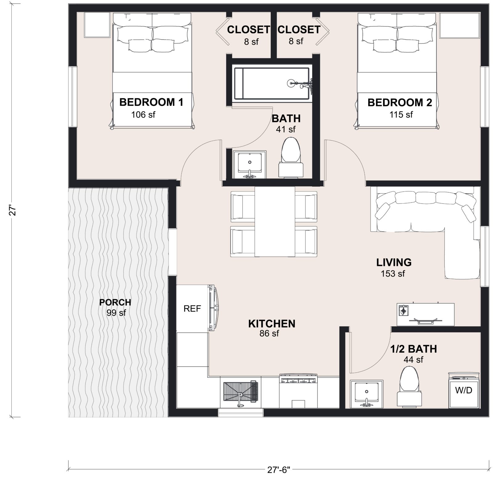 L-650B: 2 Bedroom 650 SF ADUFloor Plan