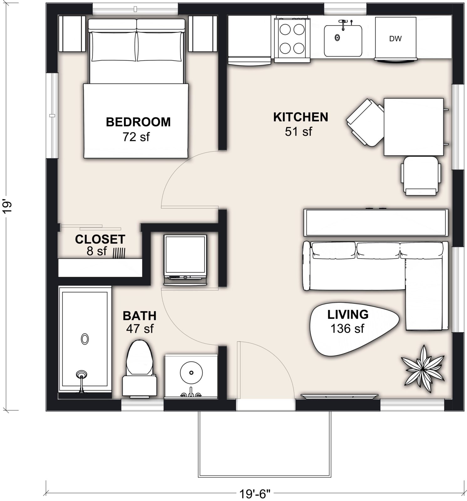 M-370: 1 Bedroom 370 SF ADUFloor Plan