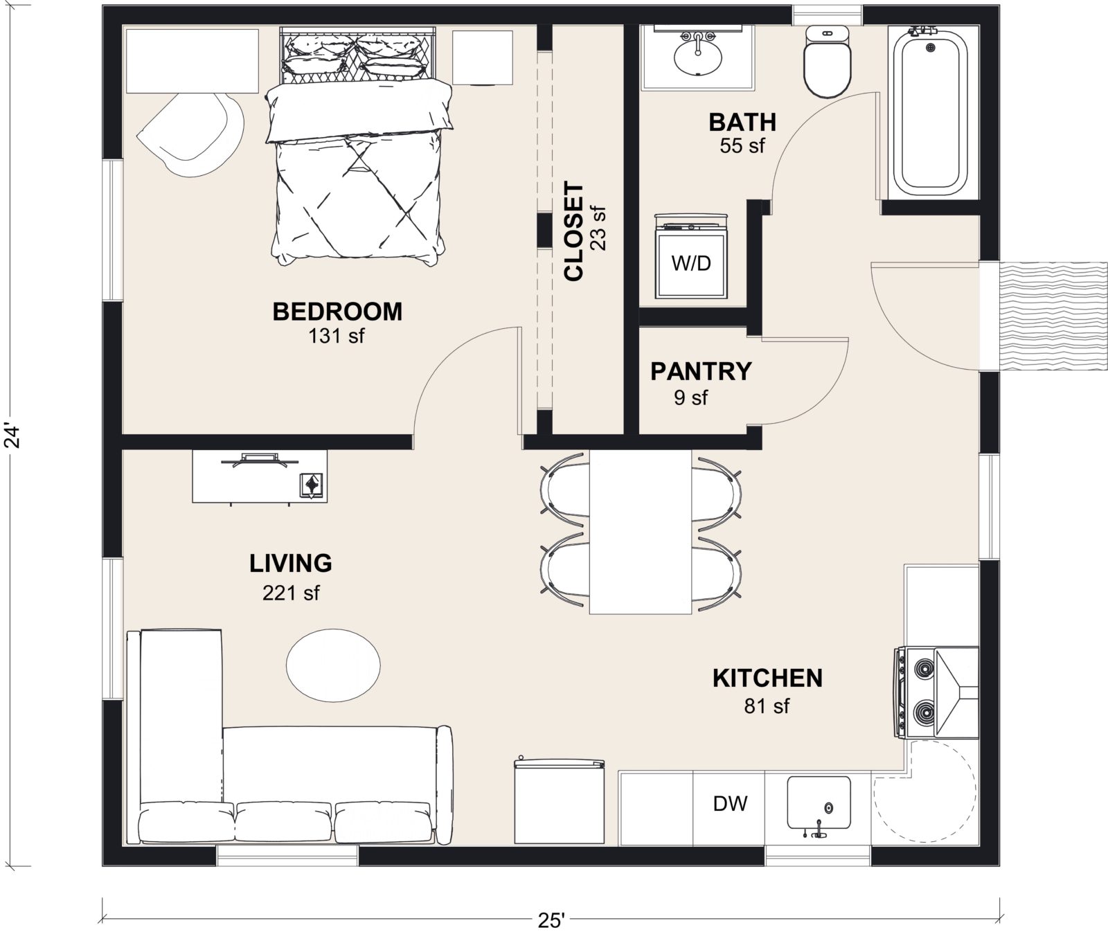 M-600: 1 Bedroom 600 SF ADUFloor Plan