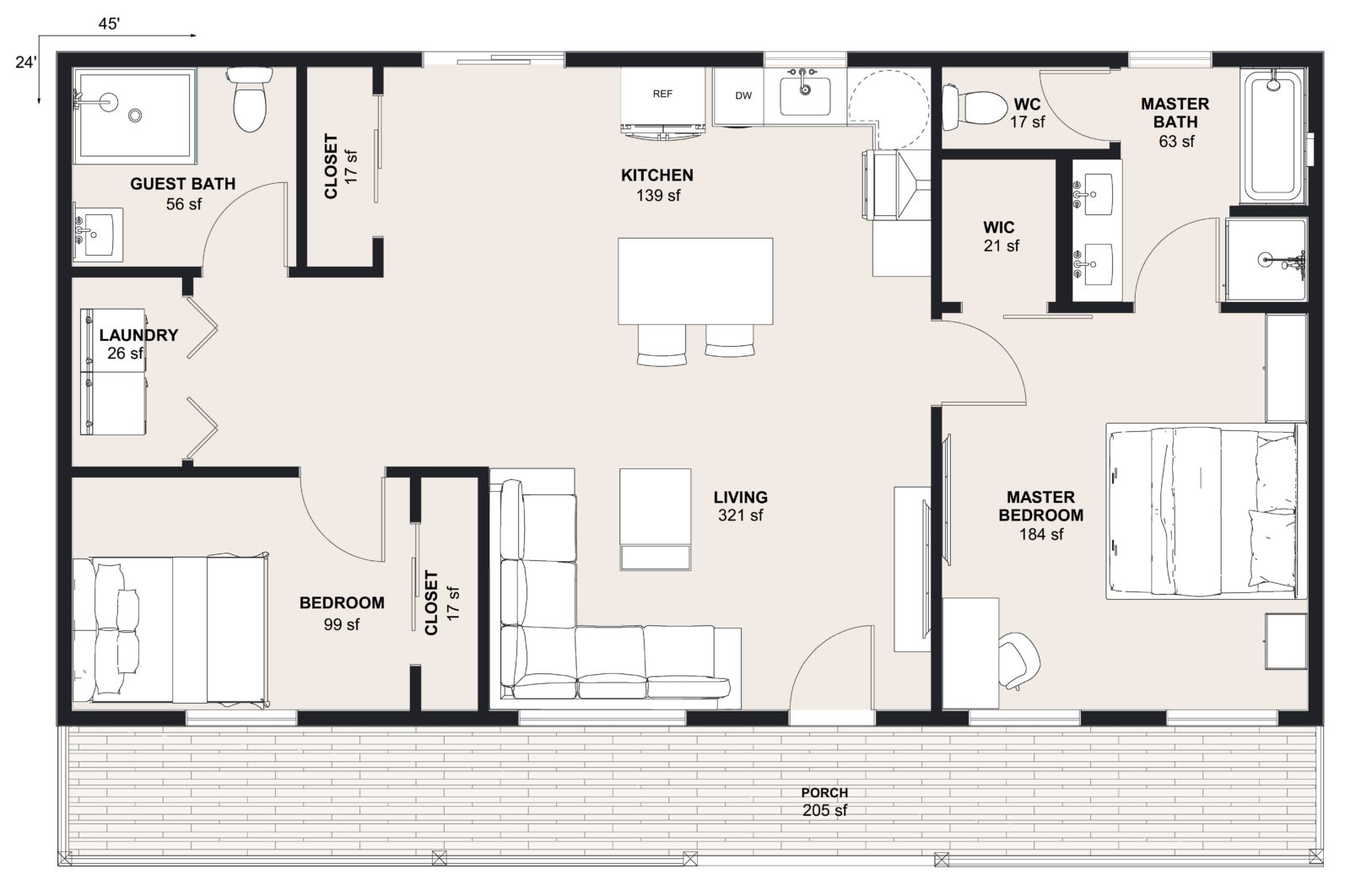 L-1080: 2 Bedroom 1080 SF ADUFloor Plan