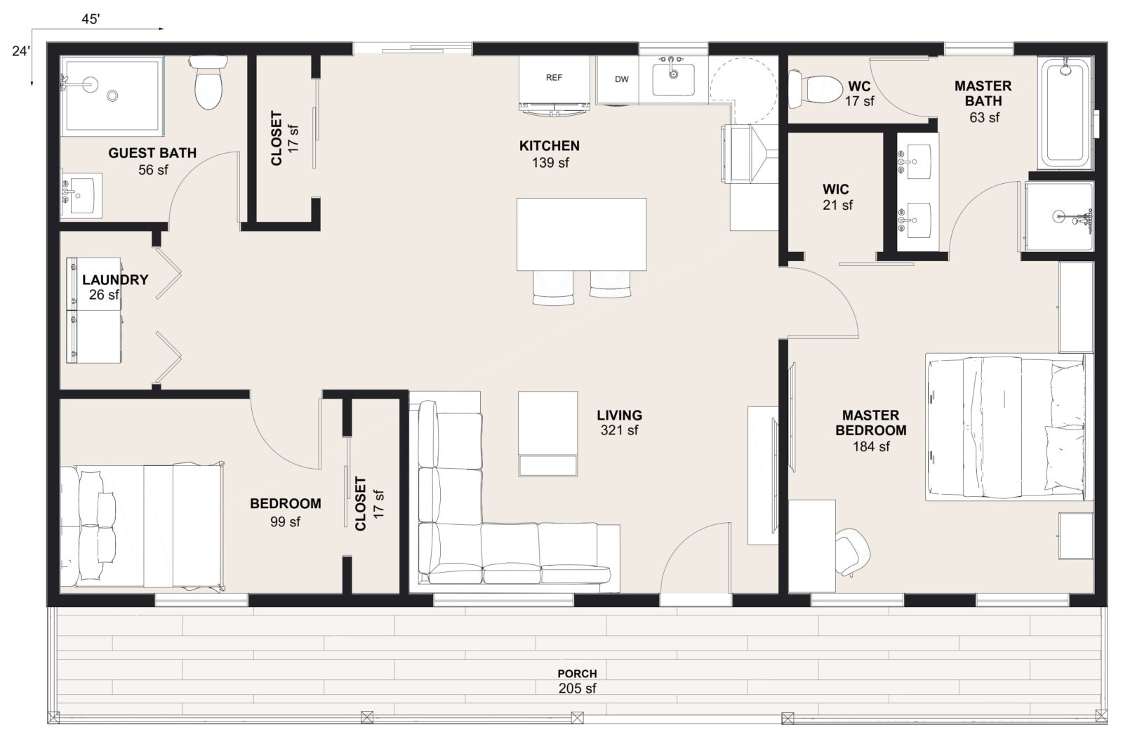 L-1080: 2 Bedroom 1080 SF ADUFloor Plan