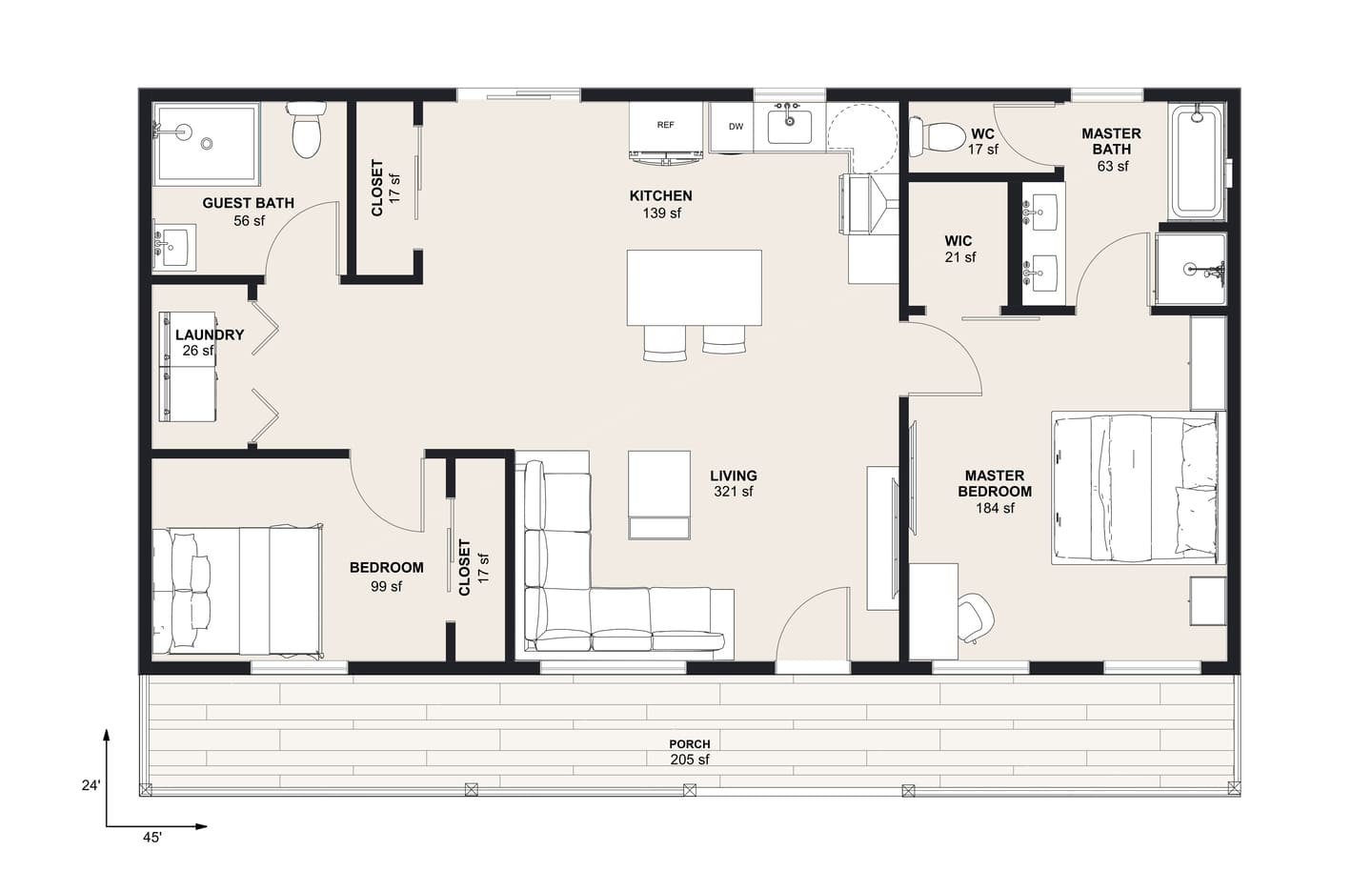 L-1080: 2 Bedroom 1080 SF ADUFloor Plan