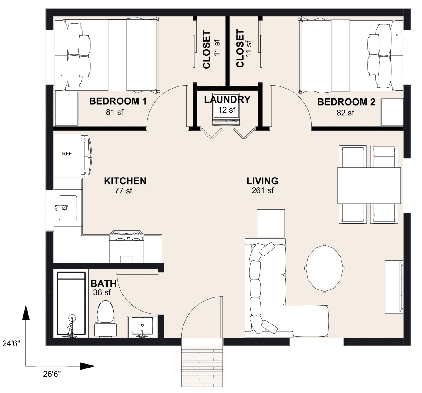 L-650A: 2 Bedroom 650 SF ADUFloor Plan