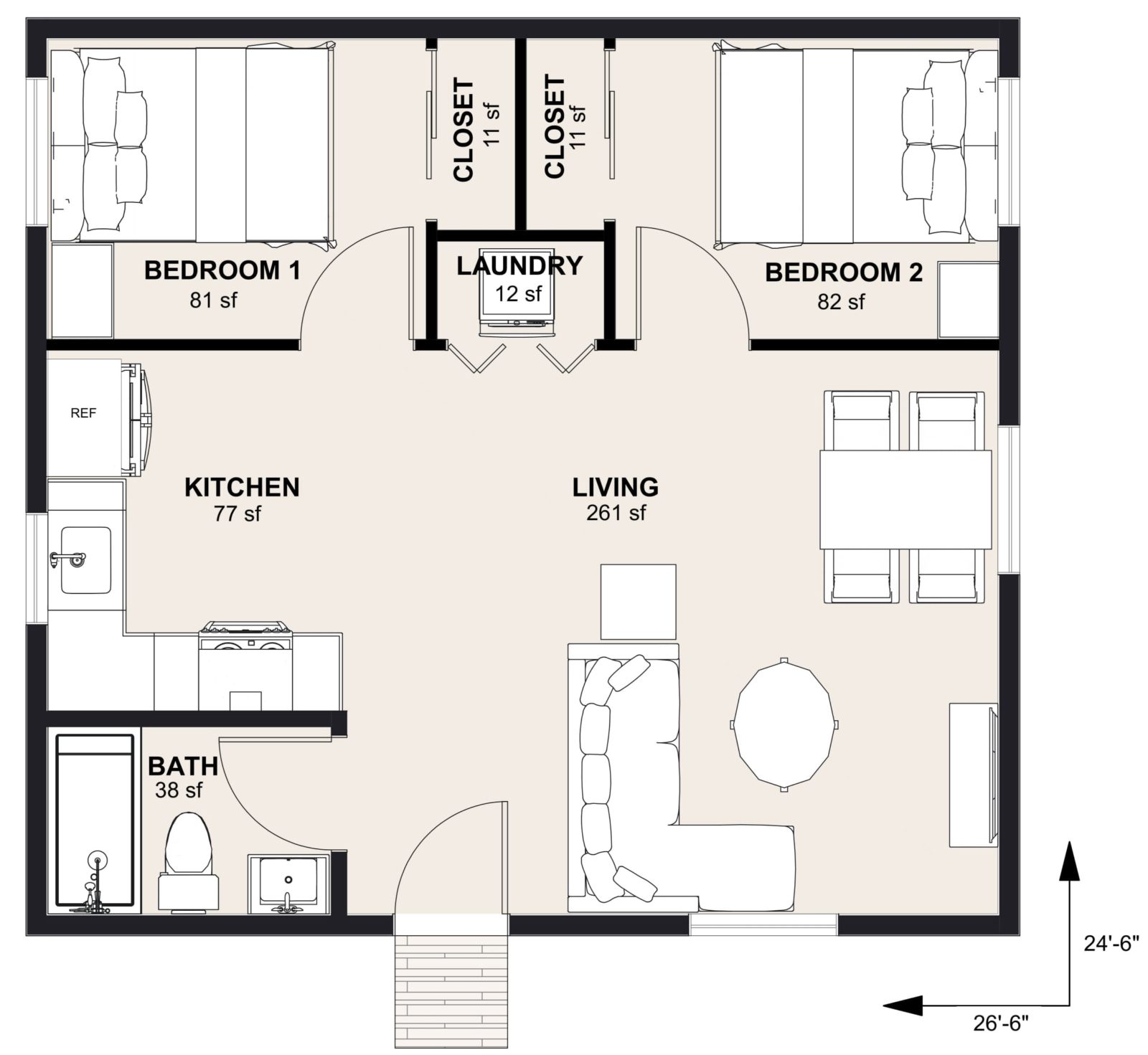 L-650A: 2 Bedroom 650 SF ADUFloor Plan